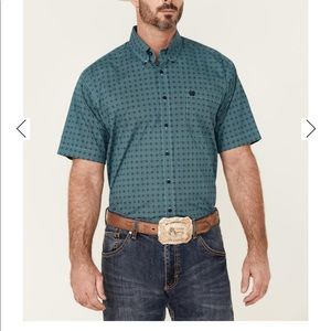 CINCH MEN'S TURQUOISE GEO PRINT SHORT SLEEVE BUTTON-DOWN WESTERN SHIRT